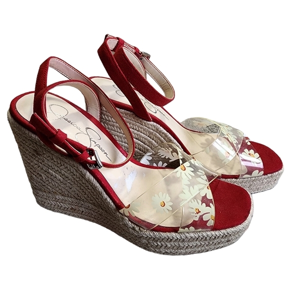 Jessica Simpson Red Velvet Floral Toe Strap Wedge Espadrilles - 8.5 - Picture 2 of 8